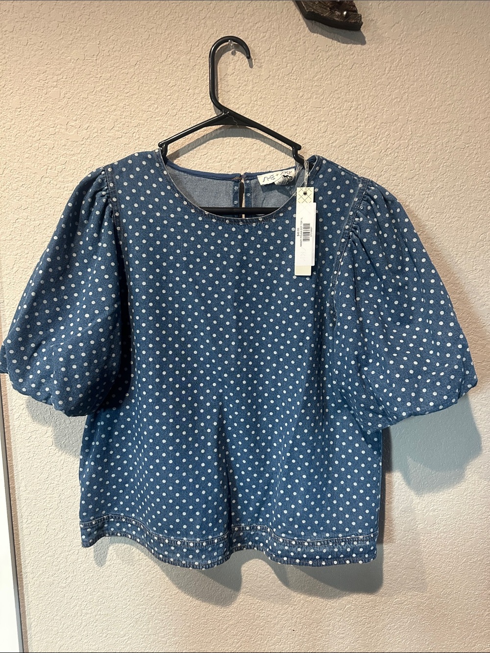 Polka Dot Puff Sleeve Denim-Style Blouse - Blue